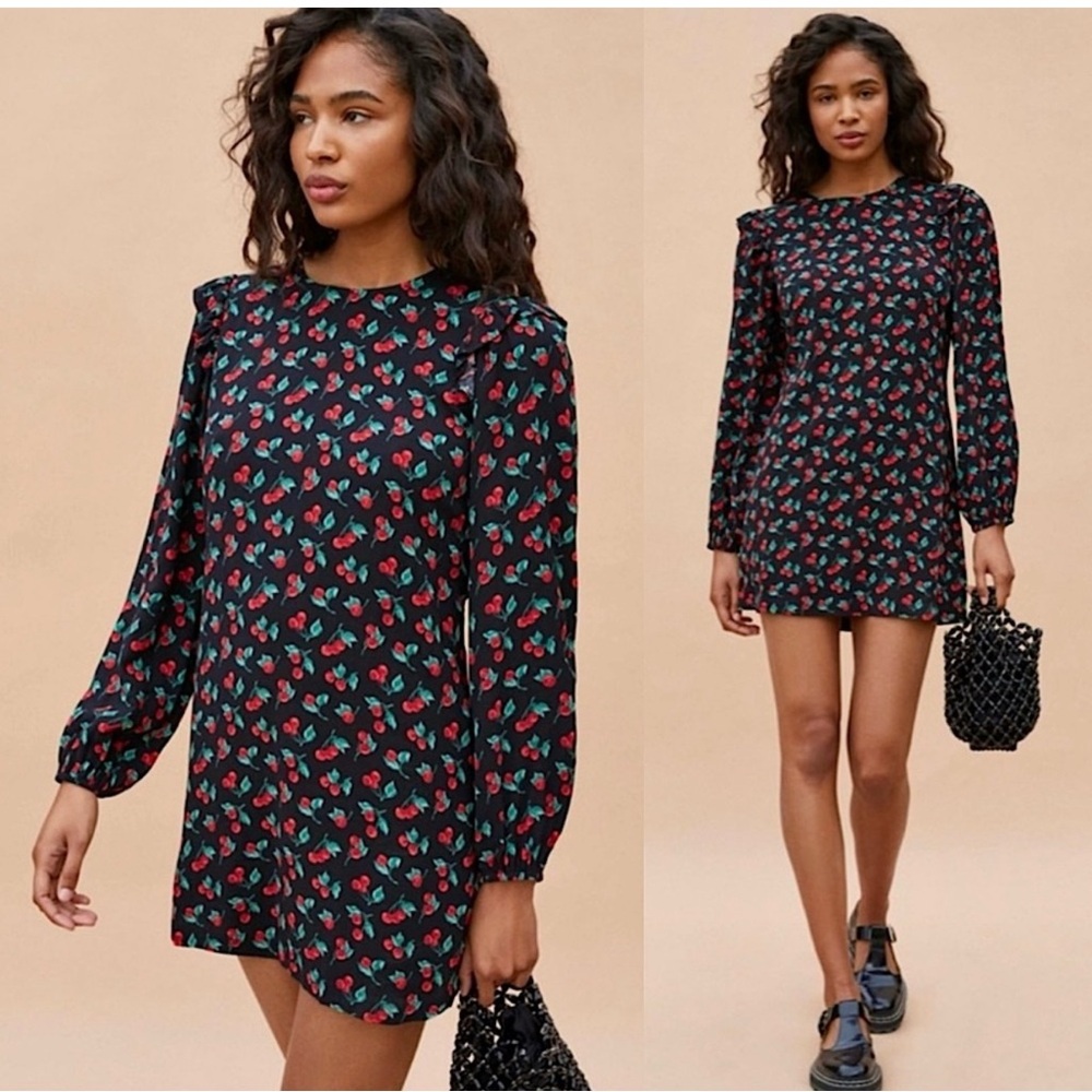 Reformation Bedford Cherry Print Mini Dress Long Sleeve Black Red Size S